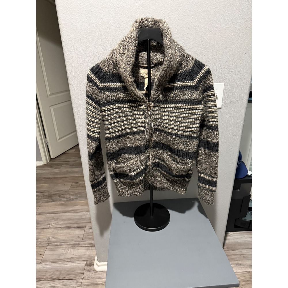 Wilfred Free Aritzia Shawl Collar Zip Cardigan Sweater Grey Striped Alpaca Wool